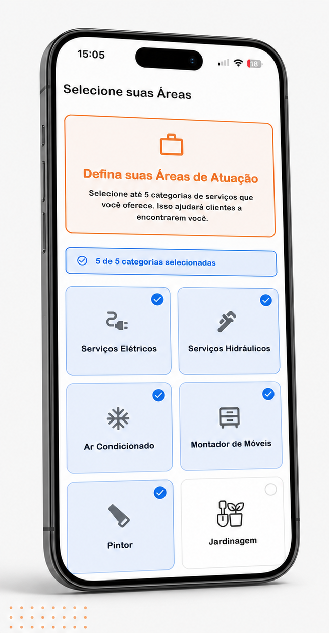Tela de seleção de áreas de atuação do prestador, com até cinco categorias
