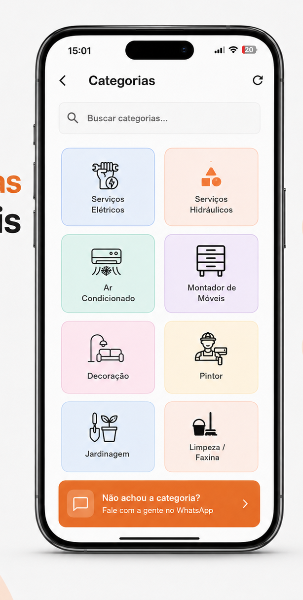 Tela de categorias do app Resolve Aqui com as principais categorias de serviço