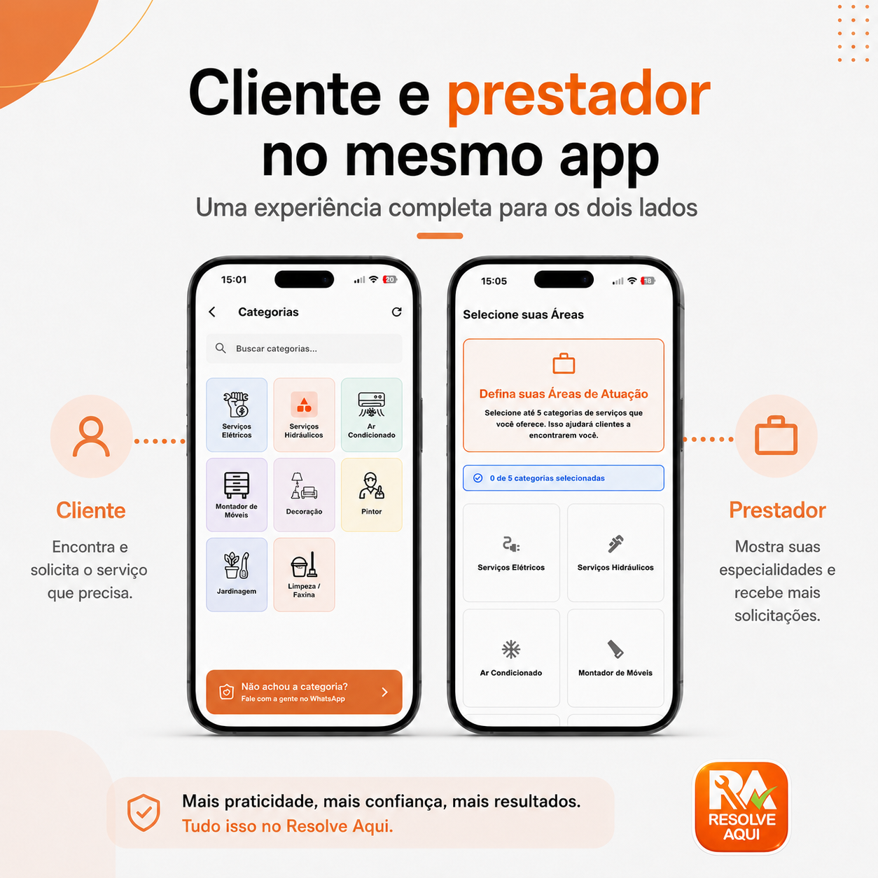 Telas do app para cliente e para prestador lado a lado