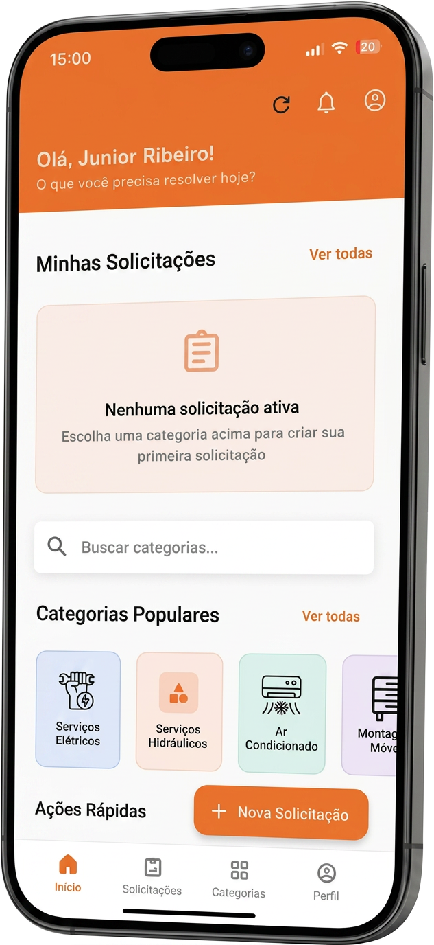 Tela inicial do app Resolve Aqui mostrando solicitações e categorias populares