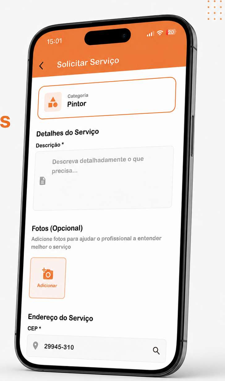 Tela de solicitação de serviço no app, com descrição, fotos e endereço
